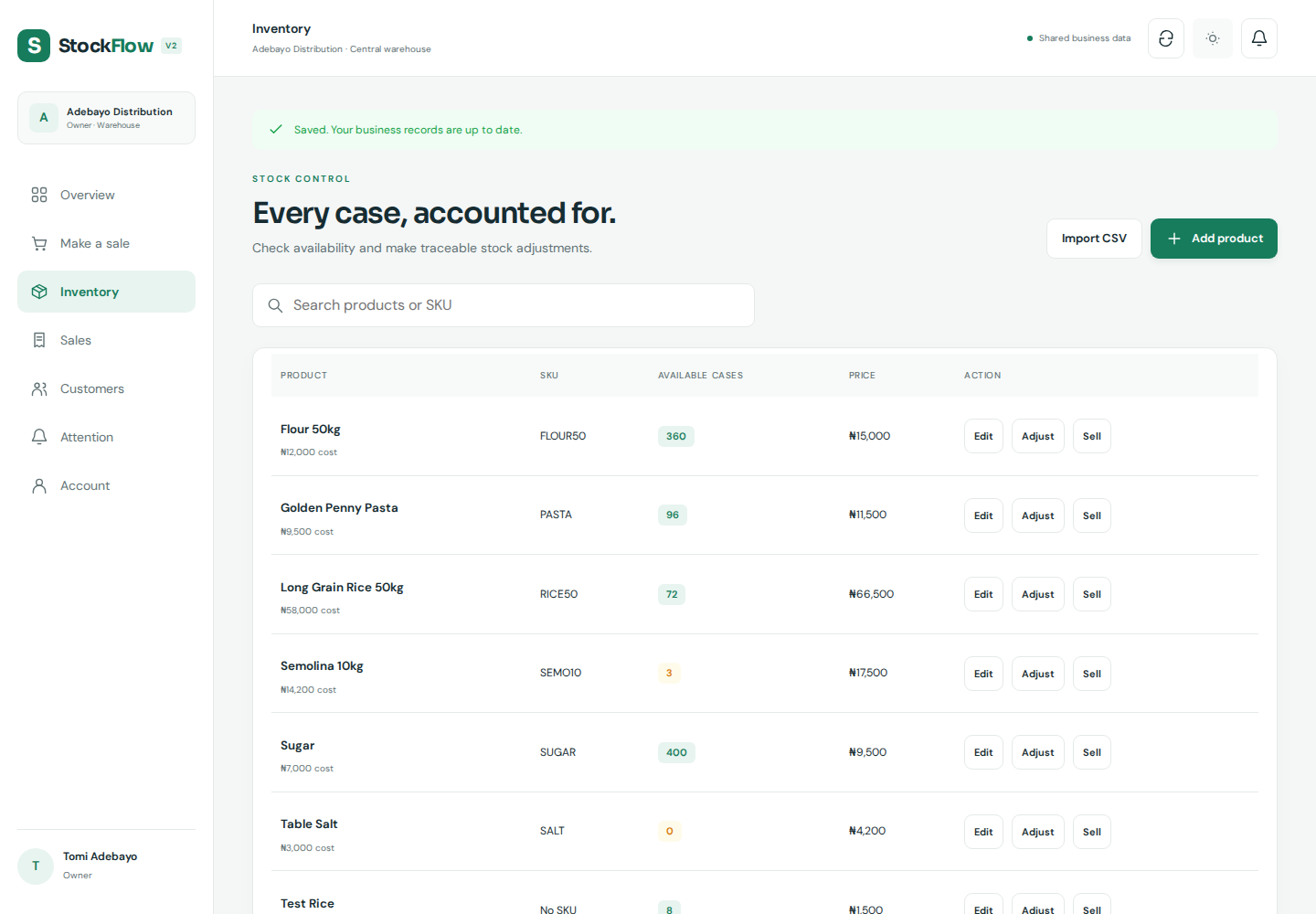 Actual StockFlow V2 inventory table with SKUs, available cases, product prices and adjustment actions