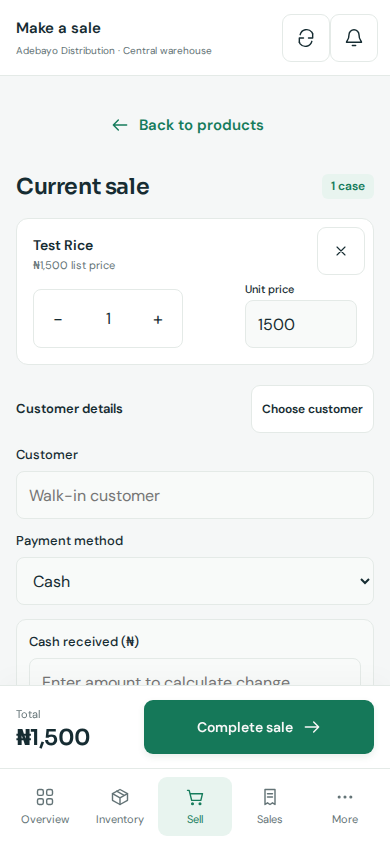 Actual StockFlow V2 mobile sales cart with quantity controls and checkout