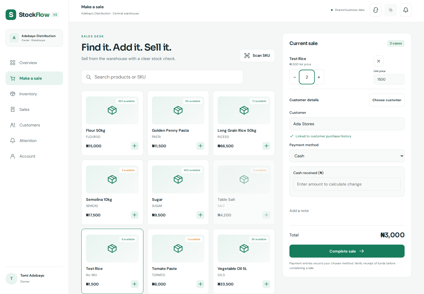 Actual StockFlow V2 sales desk with searchable products and a customer-linked cart ready for checkout